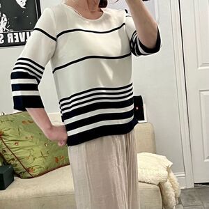 Saint Tropez Navy ivory Stripe Boxy 3/4 Sleeve Nautical Bateau Neck Top M